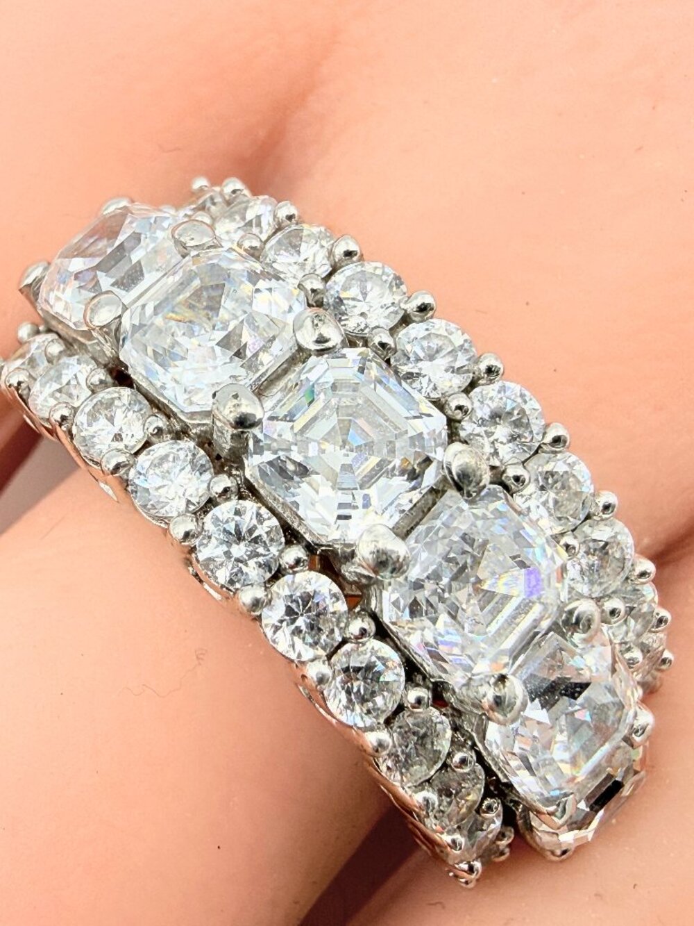 Contemporary Marked SJD Sterling Silver Triple Row Cluster CZ Eternity Ring Sz 1